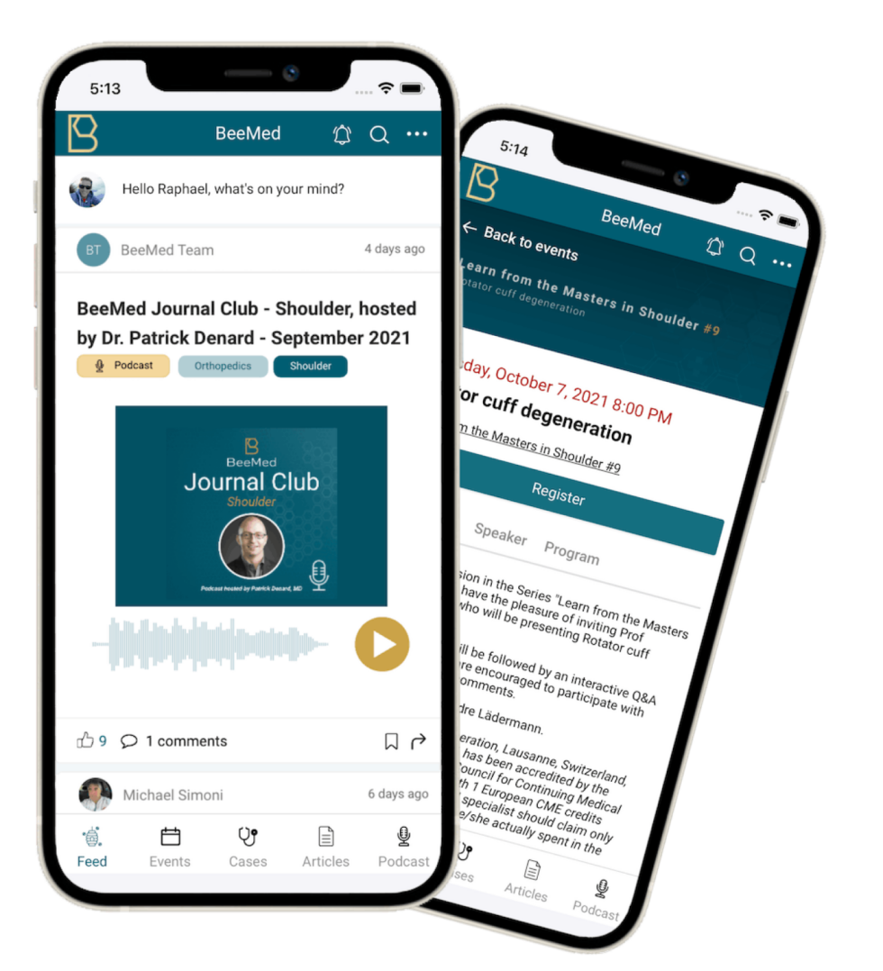 BeeMed mobile app showing the newsfeed and a clinical case